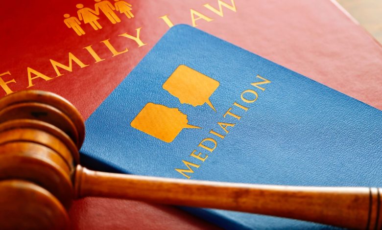 A family law mediation book and a court hammer representing family law solicitors role in mediation