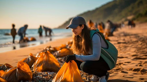 A woman on the beach collecting bags of trash to clean up the environment, supporting waste management initiatives