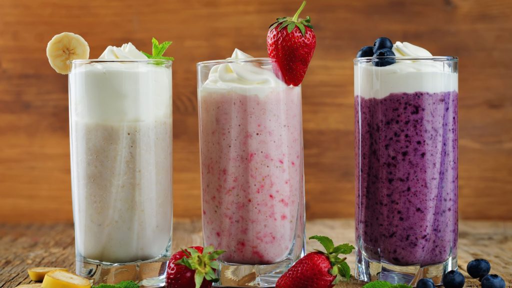 Three different flavoured shakes at home, ready to enjoy